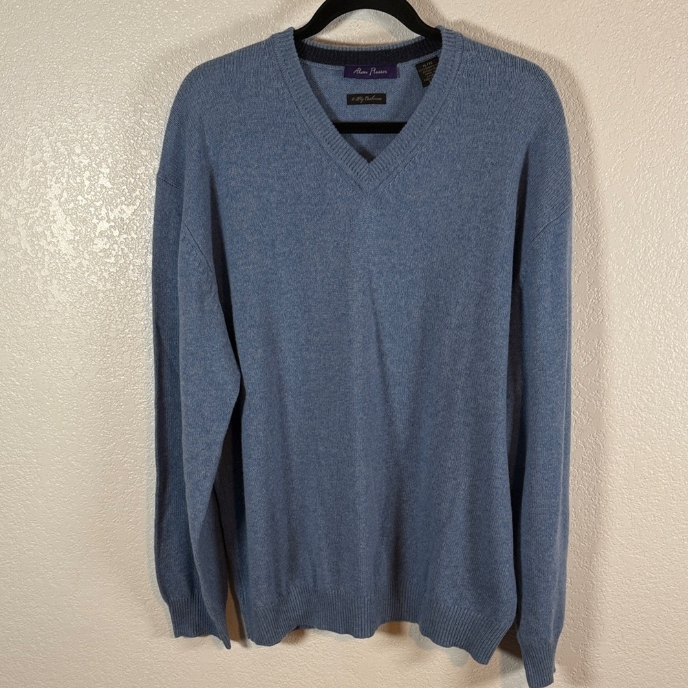 Alan Flusser Light Blue 2 Ply Cashmere V Neck Sweater Size XL
